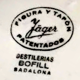 Figura y Tapón. Jäger. Patentados. Destilerias Bofill Badalona (Figur und Stöpsel. Jäger. Patentiert. Destillerie Bofill, Badalona)