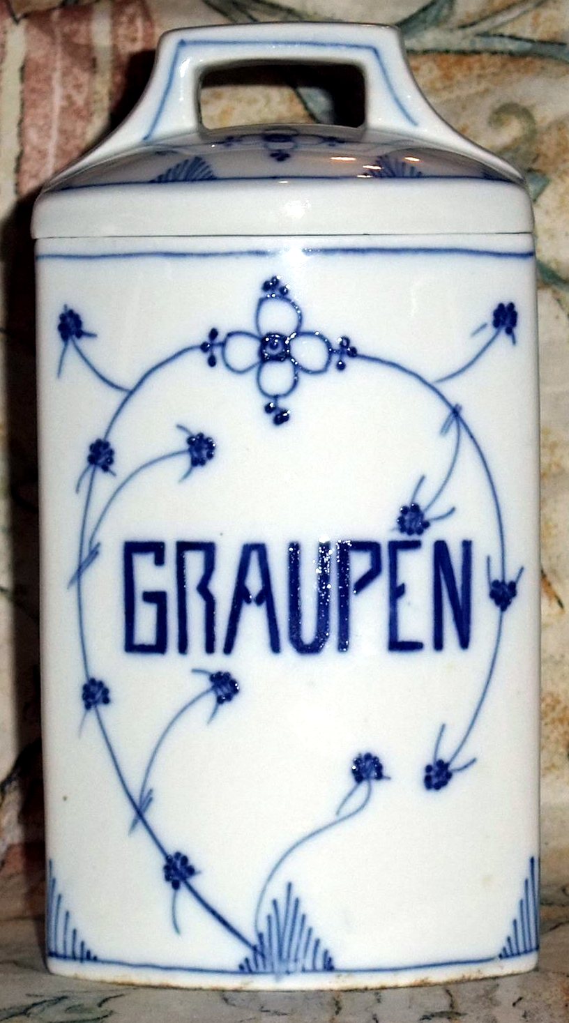 Porzellanene Vorratsdose mit Deckel mit Strohhalmmuster (handgemalt) und GRAUPEN-Aufschrift